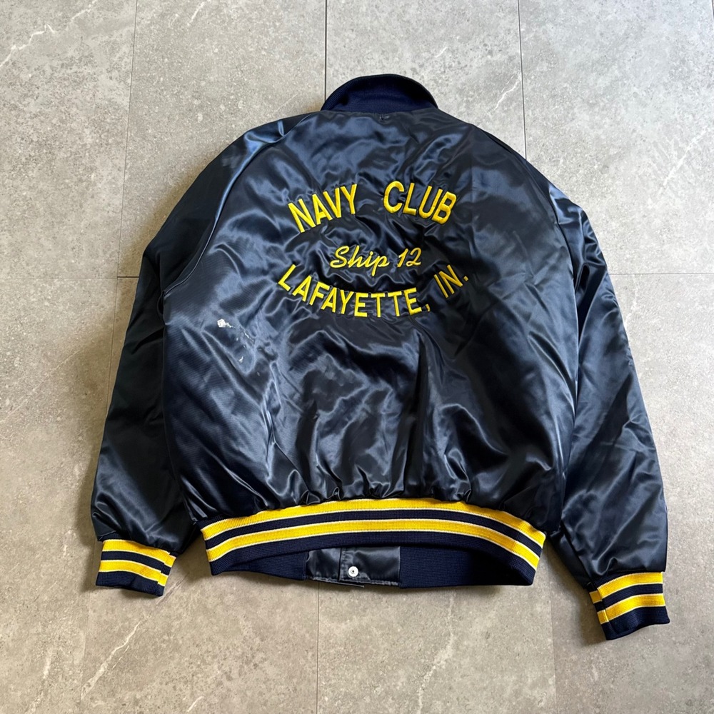 Vintage Hilton Navy Club Lafayette IN Satin Bomber Jacket Large